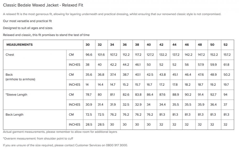 barbour mens size chart